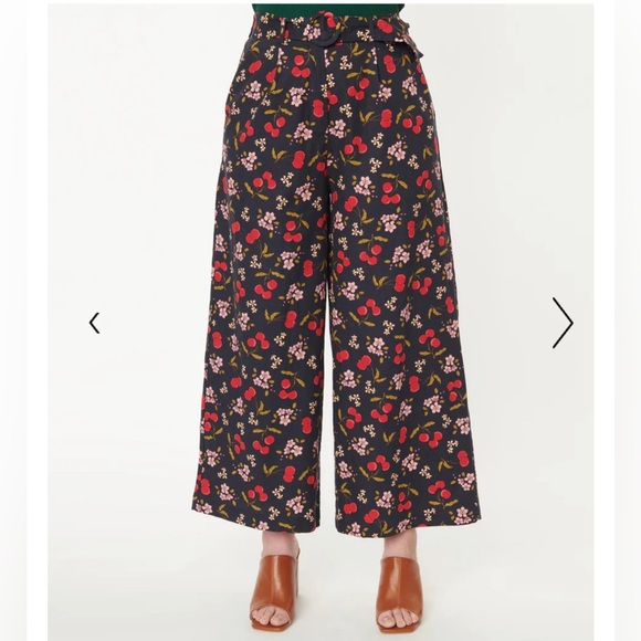 Princess Highway x Unique Vintage Navy & Cherry Print Pants, UK 10/US 6 - Picture 2 of 8